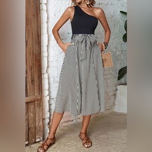 Striped One-Shoulder Slit Dress XL